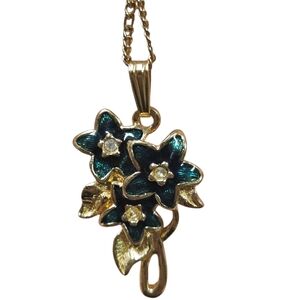 Vintage Gold & Teal Enamel Flower Pendant Necklace – 18” Chain